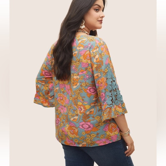 BloomChic Plus Size XL Boho Print Guipure Lace Ruffles Blouse us14-16 - Picture 2 of 8